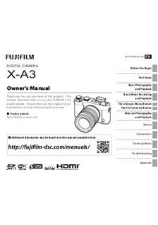 Fujifilm X A3 manual. Camera Instructions.